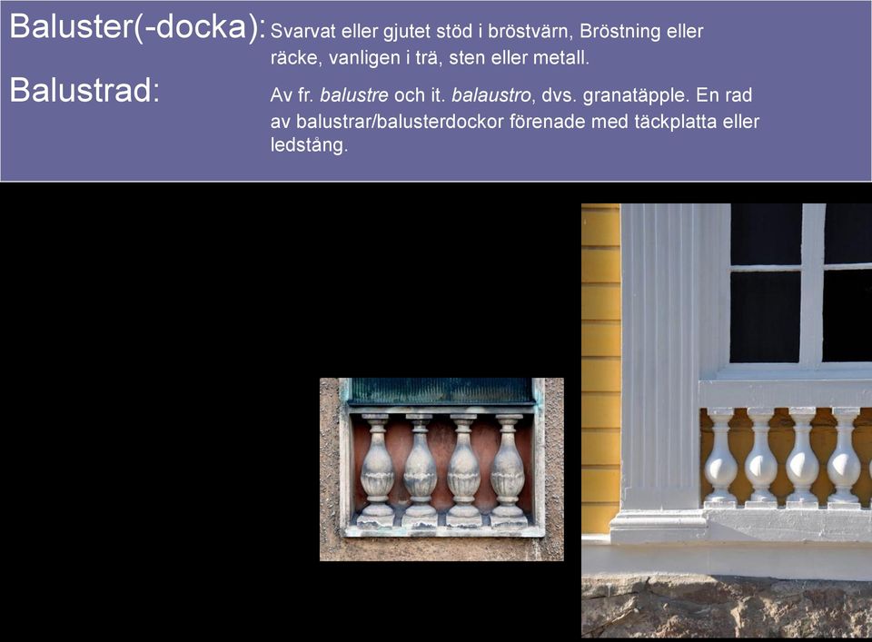 Balustrad: Av fr. balustre och it. balaustro, dvs. granatäpple.