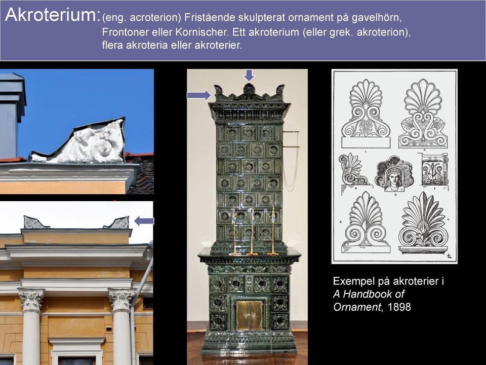 Frontoner eller Kornischer. Ett akroterium (eller grek.