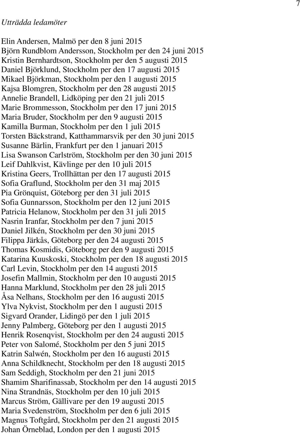 Brommesson, Stockholm per den 17 juni 2015 Maria Bruder, Stockholm per den 9 augusti 2015 Kamilla Burman, Stockholm per den 1 juli 2015 Torsten Bäckstrand, Katthammarsvik per den 30 juni 2015 Susanne