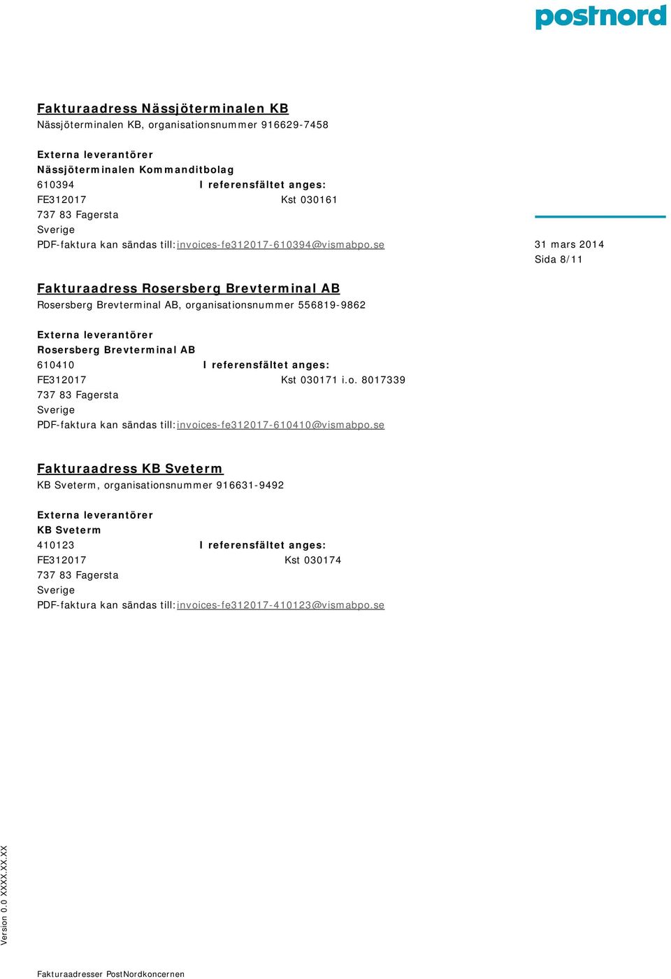 se Sida 8/11 Fakturaadress Rosersberg Brevterminal AB Rosersberg Brevterminal AB, organisationsnummer 556819-9862 Rosersberg Brevterminal AB 610410 I referensfältet