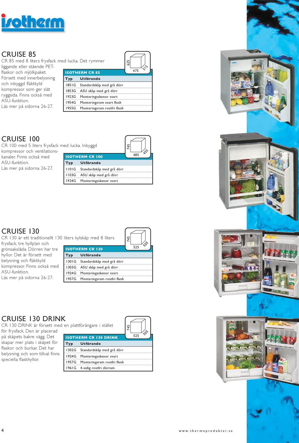 Isotherm CR 85 1851G Standardskåp med grå dörr 1853G ASU skåp med grå dörr 1923G Monteringsskenor svart 1954G Monteringsram svart flush 1955G Monteringsram rostfri flush 625 475 515 Cruise 100 CR 100