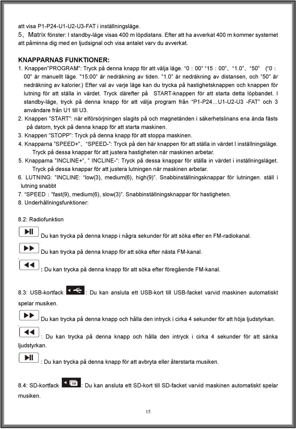 0:00 15:00 1.0 50 ( 0: 00 är manuellt läge. "15:00 är nedräkning av tiden. 1.0 är nedräkning av distansen, och 50 är nedräkning av kalorier.