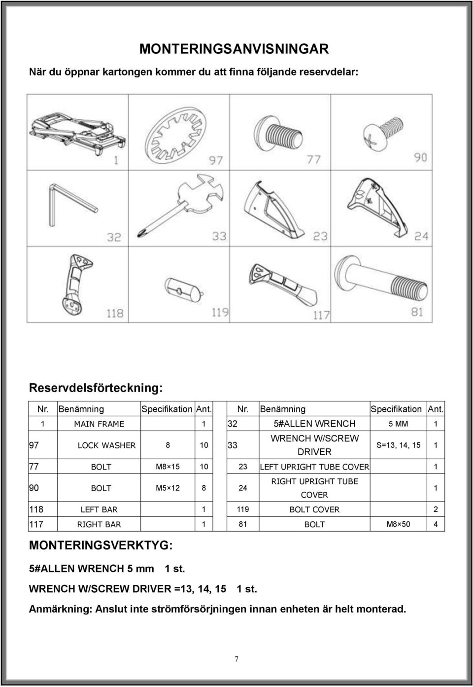 1 MAIN FRAME 1 32 5#ALLEN WRENCH 5 MM 1 97 LOCK WASHER 8 10 33 WRENCH W/SCREW DRIVER S=13, 14, 15 1 77 BOLT M8 15 10 23 LEFT UPRIGHT TUBE COVER 1 90