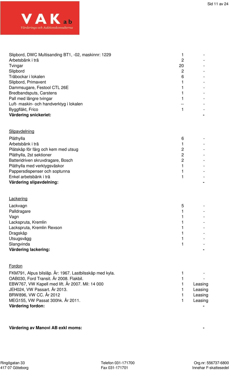 Plåtskåp för färg och kem med utsug 2 - Plåthylla, 2st sektioner 2 - Batteridriven skruvdragare, Bosch 2 - Plåthylla med verktygsväskor 1 - Pappersdispenser och soptunna 1 - Enkel arbetsbänk i trä 1