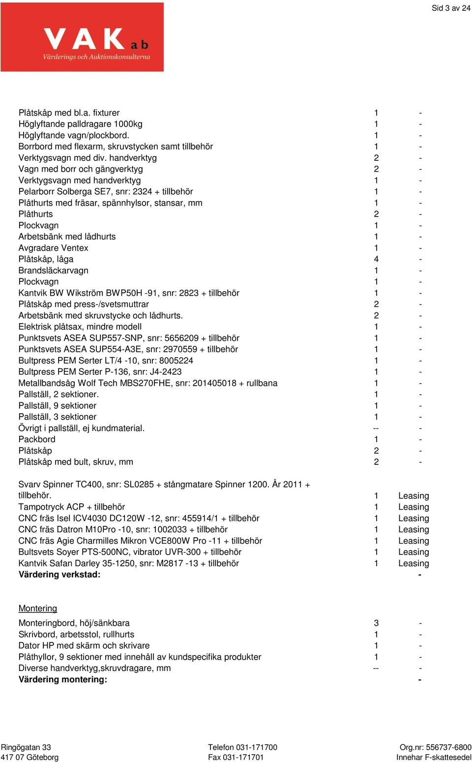 Plockvagn 1 - Arbetsbänk med lådhurts 1 - Avgradare Ventex 1 - Plåtskåp, låga 4 - Brandsläckarvagn 1 - Plockvagn 1 - Kantvik BW Wikström BWP50H -91, snr: 2823 + tillbehör 1 - Plåtskåp med