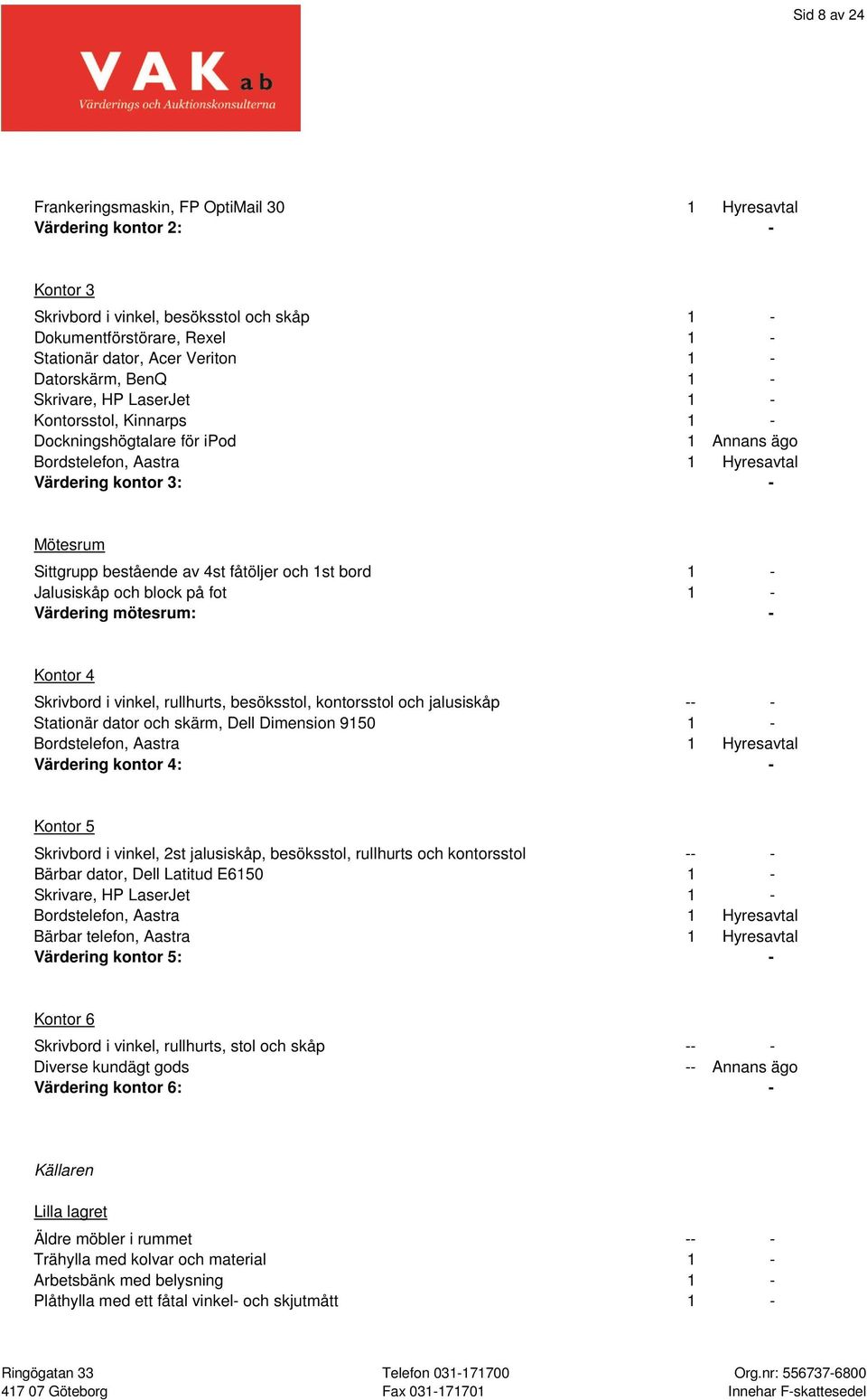 av 4st fåtöljer och 1st bord 1 - Jalusiskåp och block på fot 1 - Värdering mötesrum: - Kontor 4 Skrivbord i vinkel, rullhurts, besöksstol, kontorsstol och jalusiskåp -- - Stationär dator och skärm,