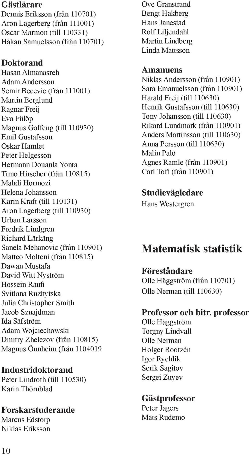 Kraft (till 110131) Aron Lagerberg (till 110930) Urban Larsson Fredrik Lindgren Richard Lärkäng Sanela Mehanovic (från 110901) Matteo Molteni (från 110815) Dawan Mustafa David Witt Nyström Hossein