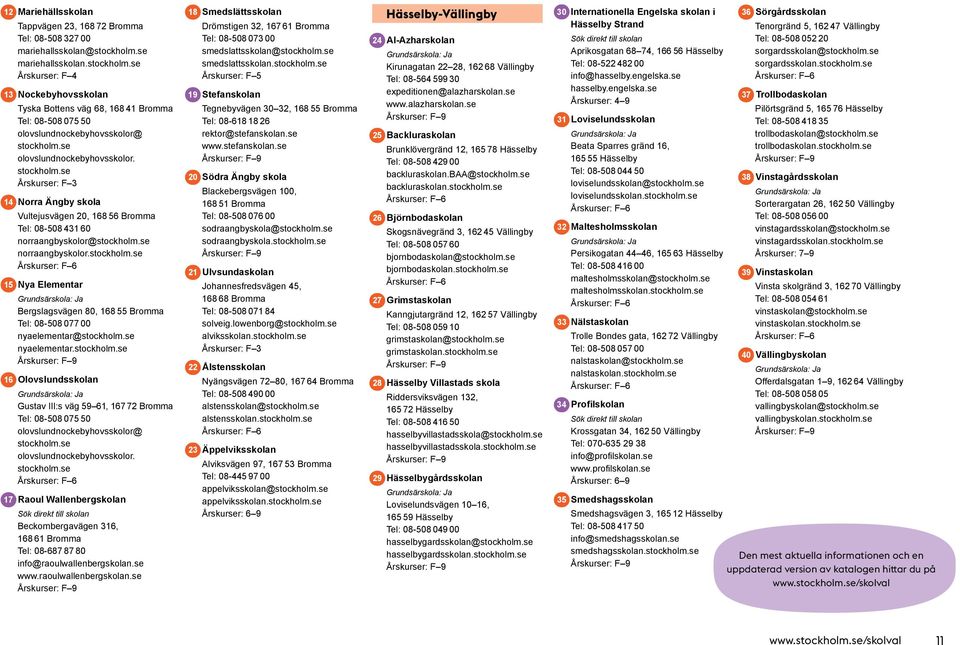stockholm.se Årskurser: F 3 14 Norra Ängby skola Vultejusvägen 20, 168 56 Bromma Tel: 08-508 431 60 norraangbyskolor@stockholm.se norraangbyskolor.stockholm.se 15 Nya Elementar Bergslagsvägen 80, 168 55 Bromma Tel: 08-508 077 00 nyaelementar@stockholm.