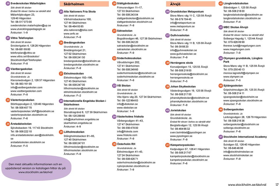 se www.vittra.sevåraskolor/ StockholmSyd/Telefonplan Årskurser: F 8 22 Västbergaskolan Klensmedsvägen 2, 126 37 Hägersten Tel: 08-563 161 00 info@vastbergaskolan.