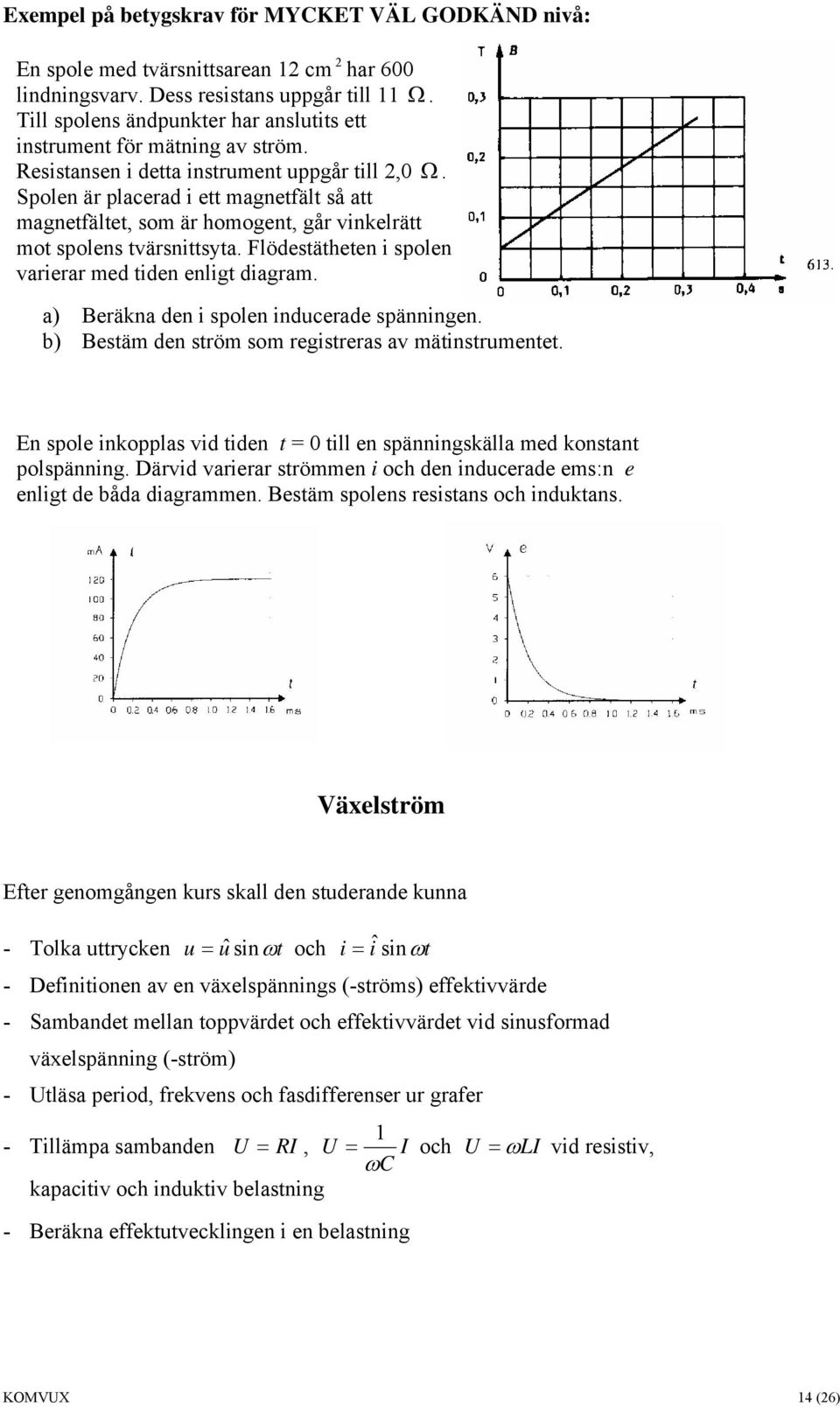 Spolen är placerad i ett magnetfält så att magnetfältet, som är homogent, går vinkelrätt mot spolens tvärsnittsyta. Flödestätheten i spolen varierar med tiden enligt diagram.