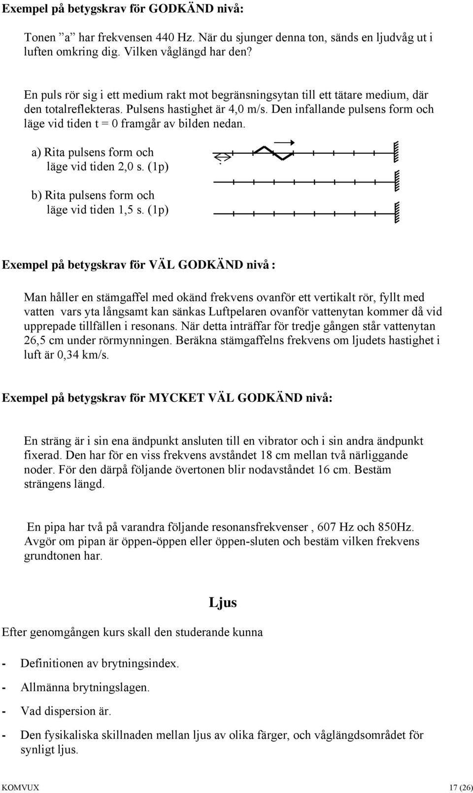 Den infallande pulsens form och läge vid tiden t = 0 framgår av bilden nedan. a) Rita pulsens form och läge vid tiden 2,0 s. (1p) 1 b) Rita pulsens form och läge vid tiden 1,5 s.