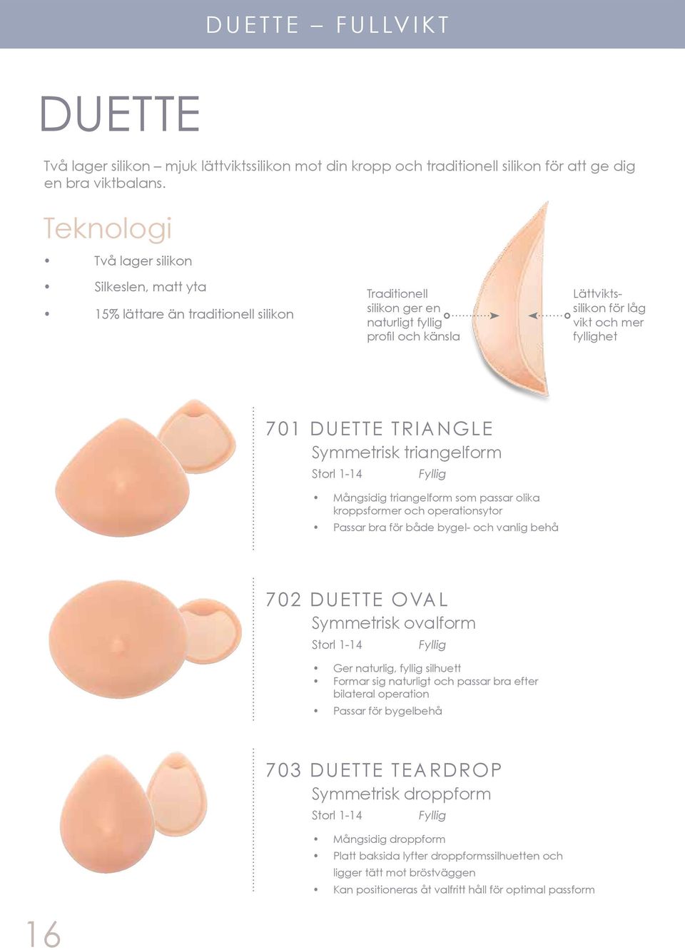 DUETTE TRIANGLE Storl 1-14 Fyllig Mångsidig triangelform som passar olika kroppsformer och operationsytor Passar bra för både bygel- och vanlig behå 702 DUETTE OVAL Symmetrisk ovalform Storl 1-14