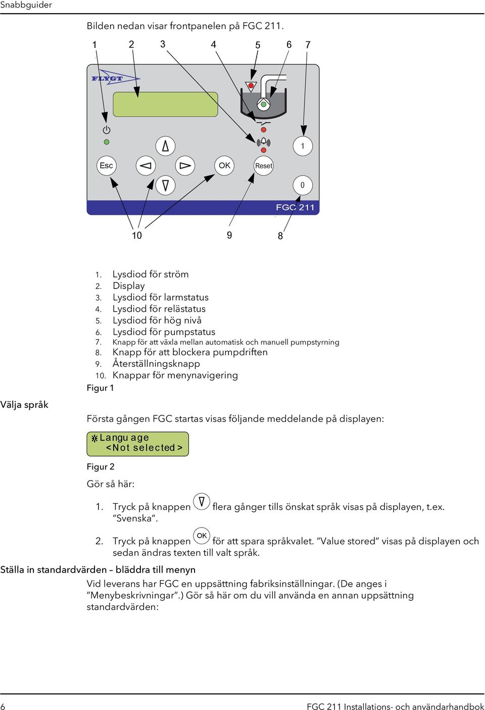 Knappar för menynavigering Figur 1 Välja språk Första gången FGC startas visas följande meddelande på displayen: Langu age <Not selected > Figur 2 Gör så här: 1.