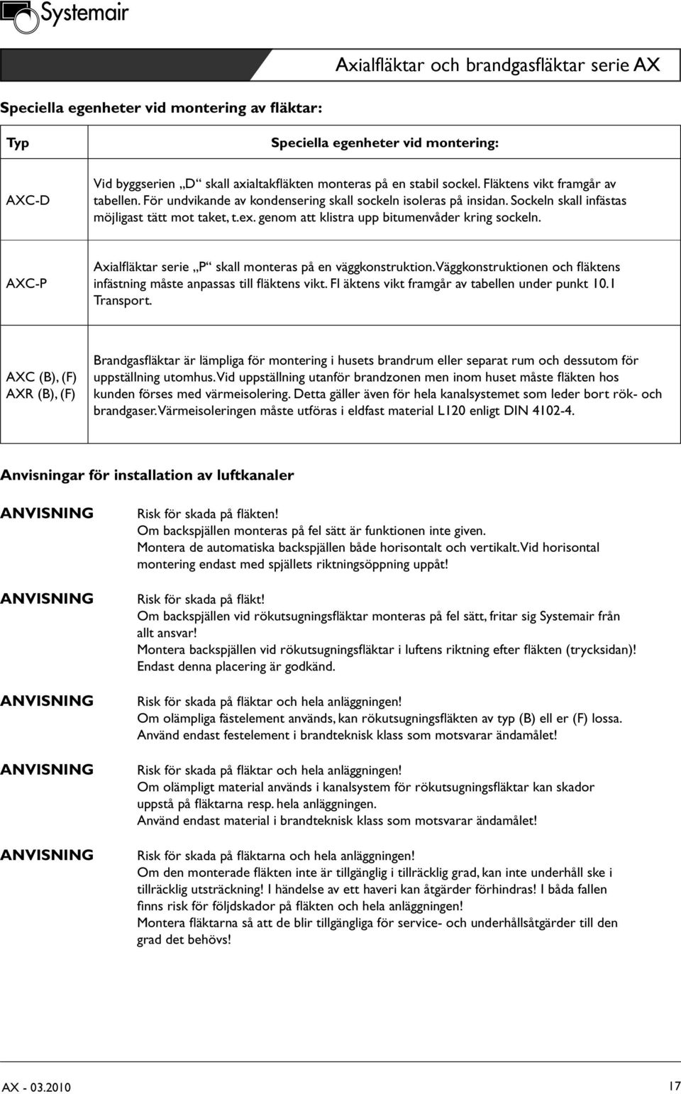 AXC-P Axialfläktar serie P skall monteras på en väggkonstruktion. Väggkonstruktionen och fläktens infästning måste anpassas till fläktens vikt. Fl äktens vikt framgår av tabellen under punkt 10.