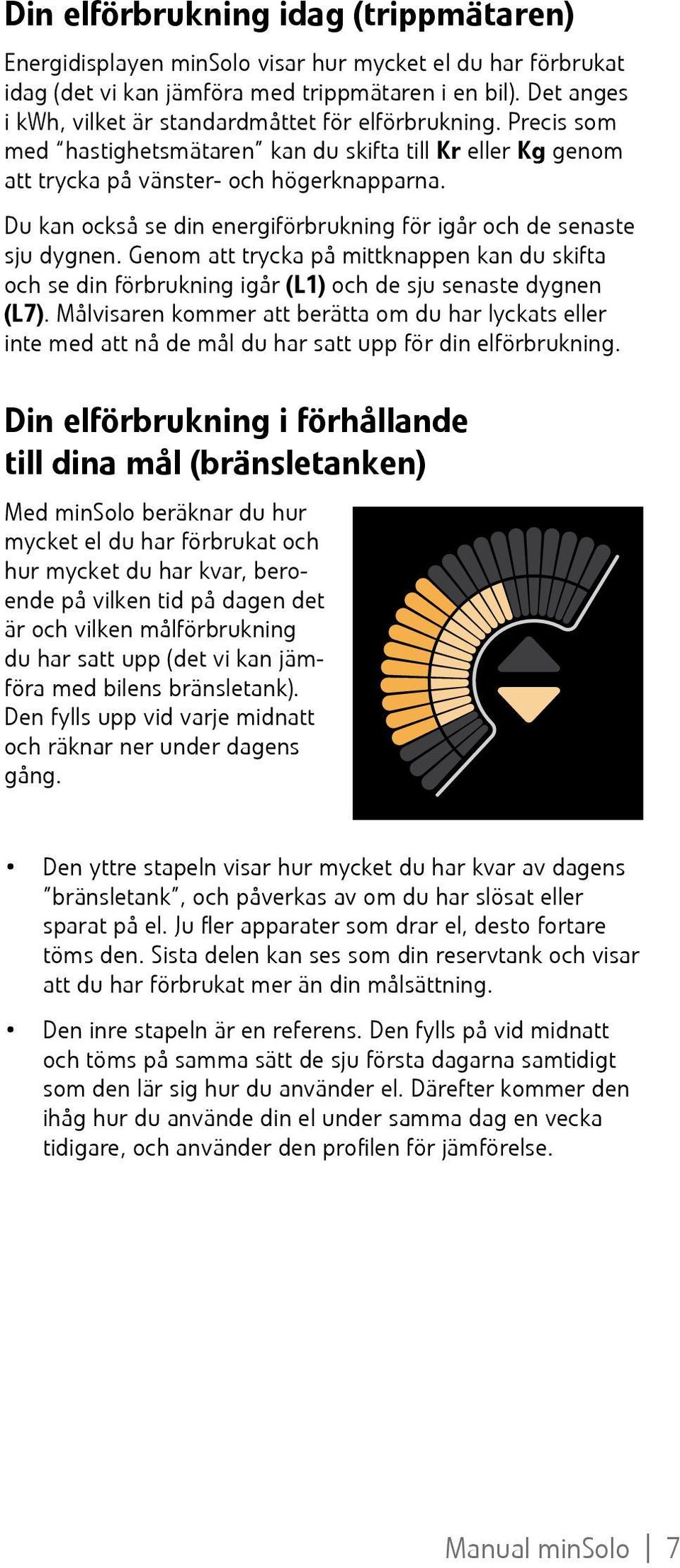 Du kan också se din energiförbrukning för igår och de senaste sju dygnen. Genom att trycka på mittknappen kan du skifta och se din förbrukning igår (L1) och de sju senaste dygnen (L7).