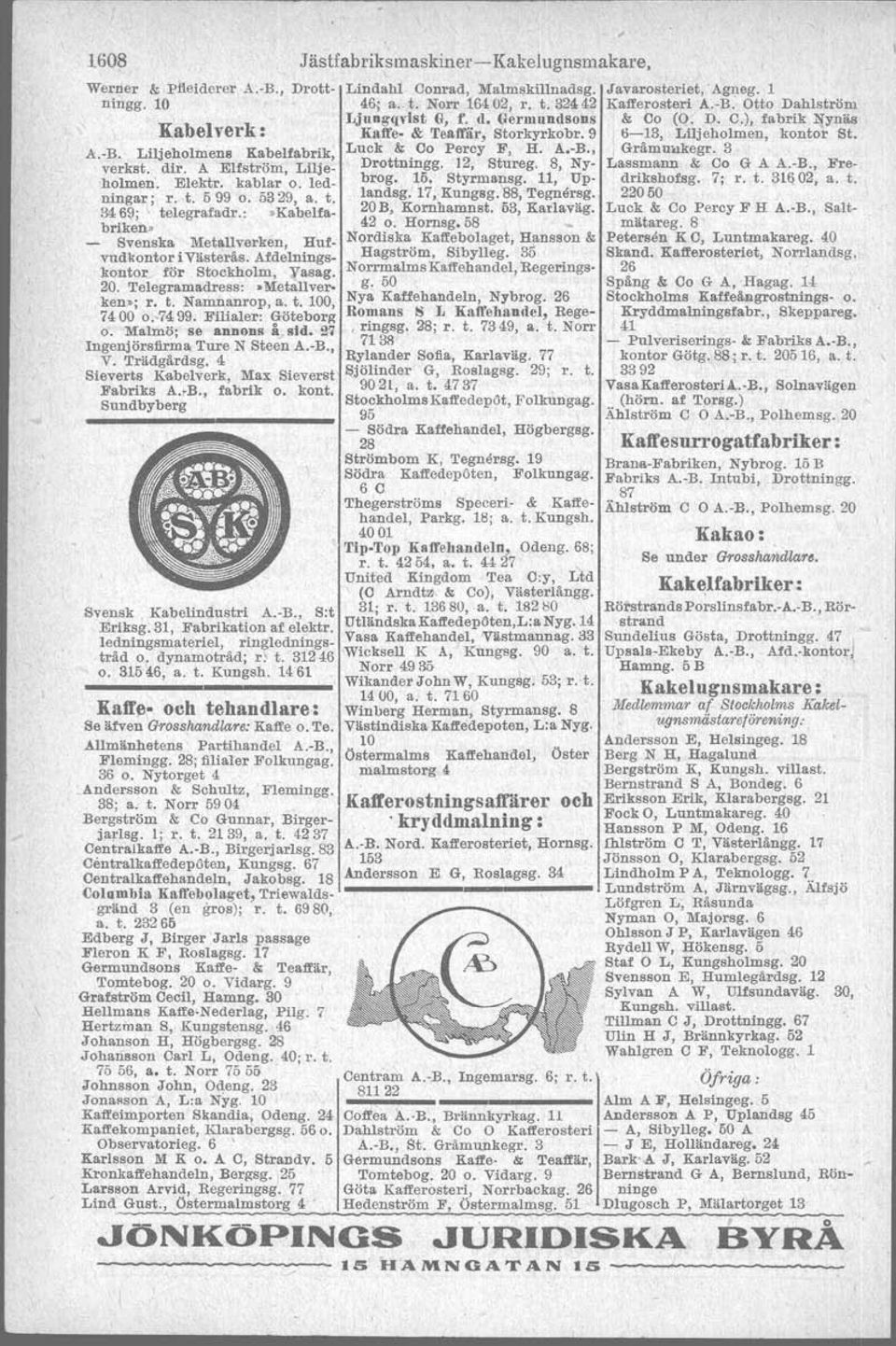 (Sven Wir- Parfymeri Axel Sterner A..B.,Malmström), Mäs~ersamuelsg. 56 B skillnadsg. 3, Karlaväg. 40, Mäs- Johnson & Co Arvid, Norrlandsg.19 Kant & Co, Odeng. 29; r. t.