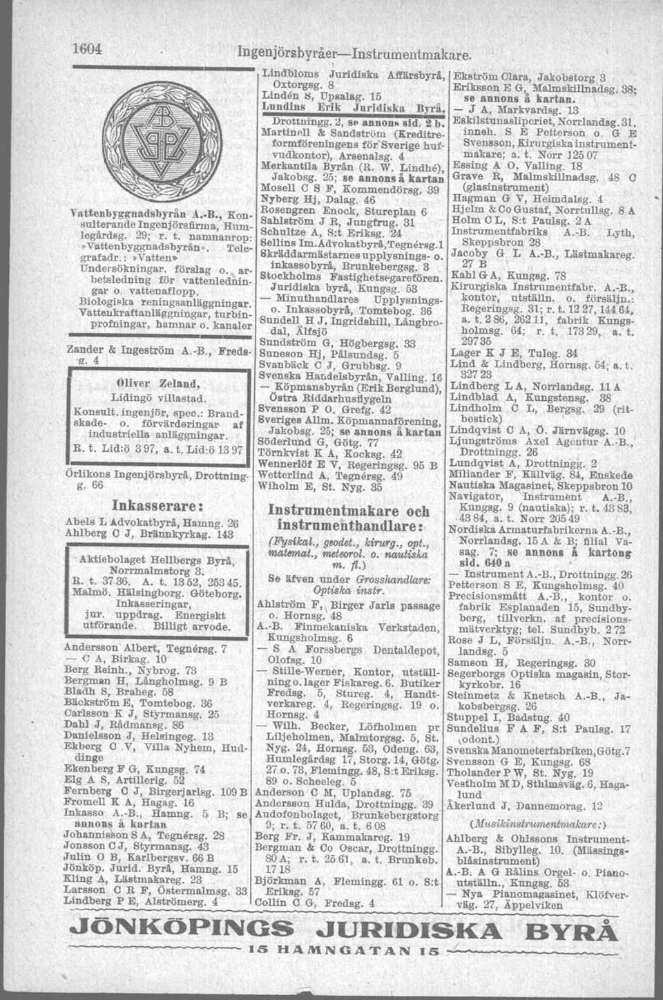 Filialer: Göteborl( o. Malmö; se annons å sid. 27 ngenjörsfirma Ture N Steen A.-B., V. Trädgårdsg. 4 Sieverts K belverk, Max Sieverst Fabriks A.,B., fabrik o. kont.