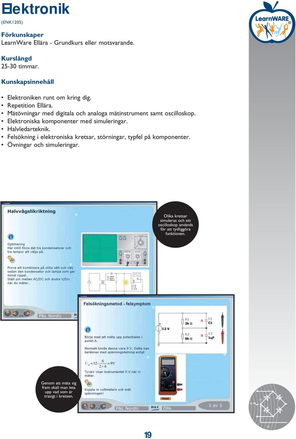 Halvledarteknik. Felsökning i elektroniska kretsar, störningar, typfel på komponenter. Övningar och simuleringar.