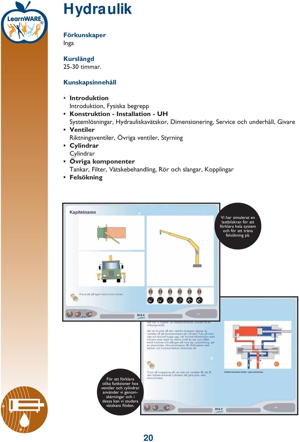 underhåll, Givare Ventiler Riktningsventiler, Övriga ventiler, Styrning Cylindrar Cylindrar Övriga komponenter Tankar, Filter, Vätskebehandling,