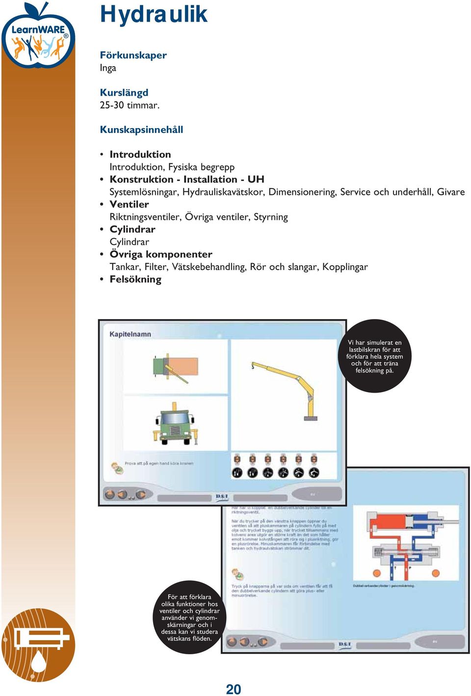 underhåll, Givare Ventiler Riktningsventiler, Övriga ventiler, Styrning Cylindrar Cylindrar Övriga komponenter Tankar, Filter, Vätskebehandling,