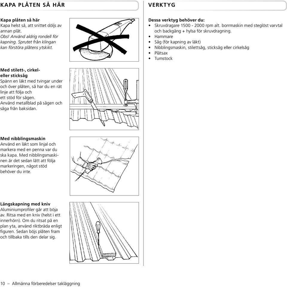 Hammare Såg (för kapning av läkt) Nibblingsmaskin, stilettsåg, sticksåg eller cirkelsåg Plåtsax Tumstock Med stilett-, cirkeleller sticksåg Spänn en läkt med tvingar under och över plåten, så har du