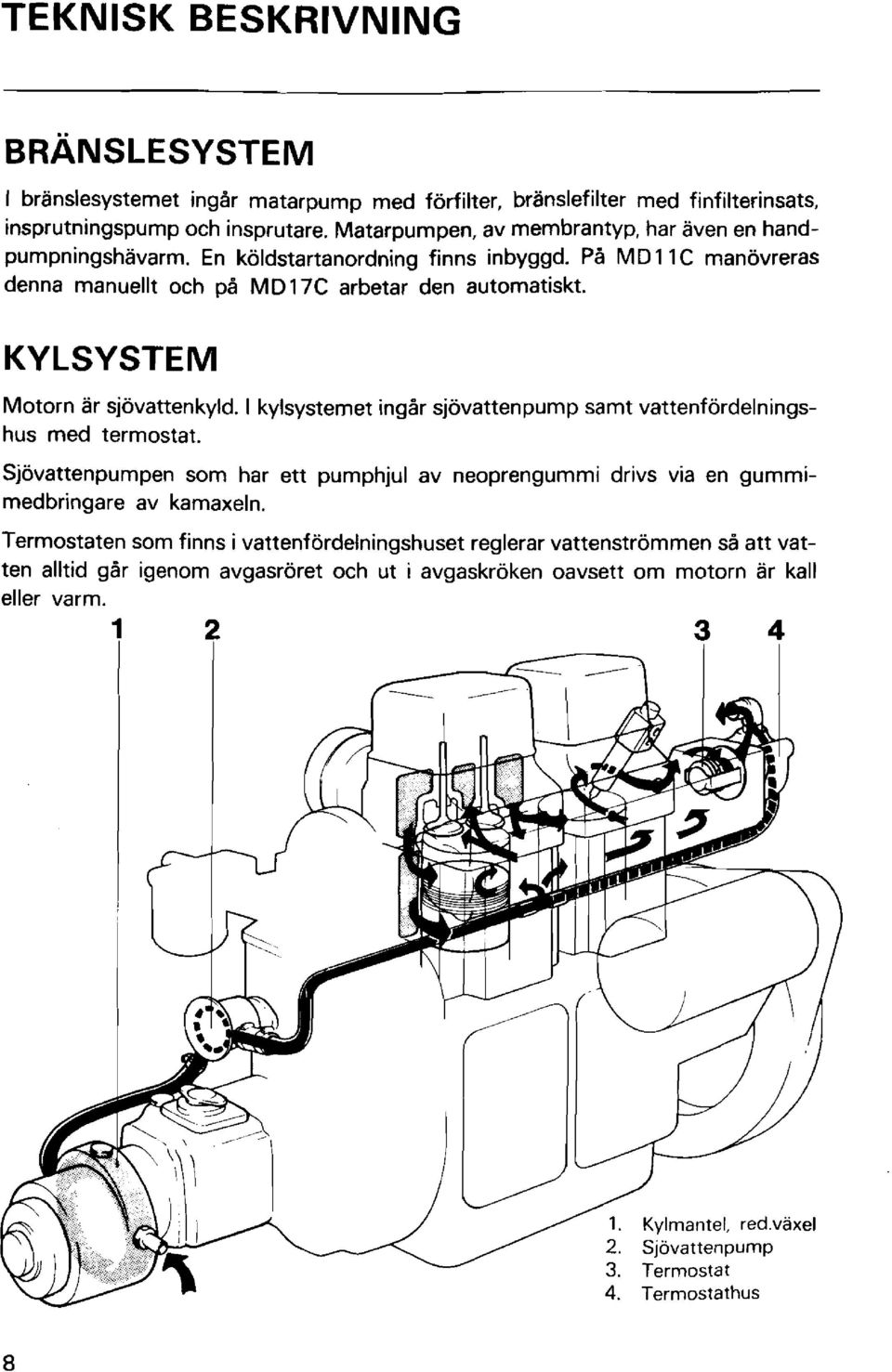 Pä MD 1 1 C manövreras denna manuellt och på MD17C arbetar den automatiskt. KYLSYSTEM Motorn är sjövattenkyld.