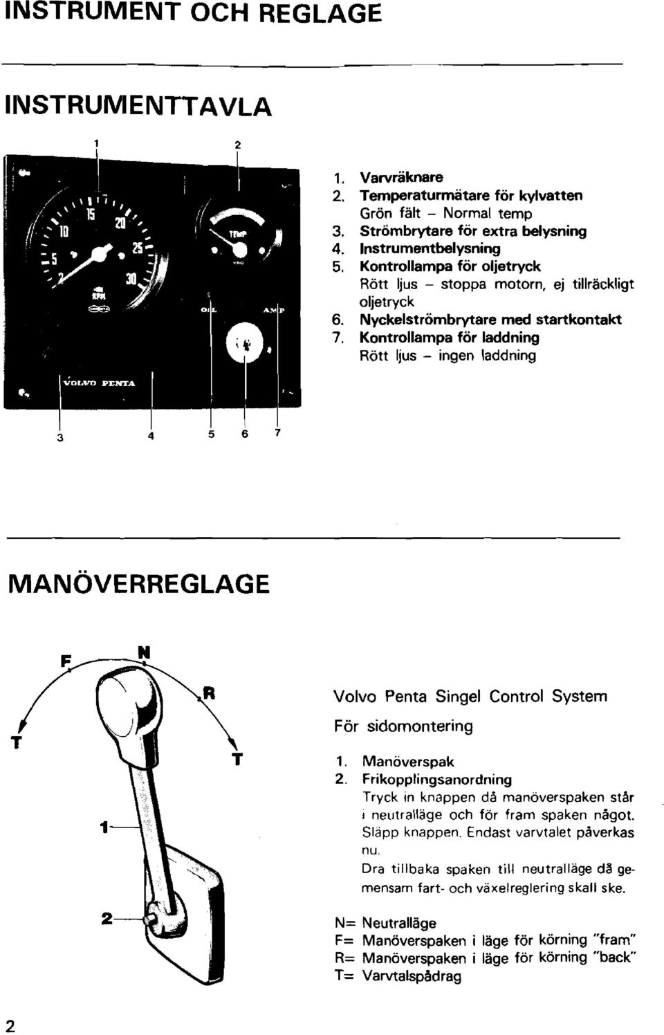 Nyckelströmbrytare med startkontakt Kontrollampa för laddning Rött ljus - ingen laddning Volvo Penta Singel Control Systern För sidornontering 1. Manöverspak 2.