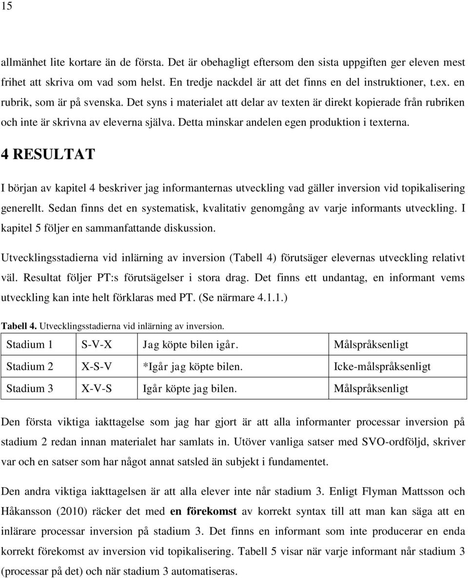 4 RESULTAT I början av kapitel 4 beskriver jag informanternas utveckling vad gäller inversion vid topikalisering generellt.