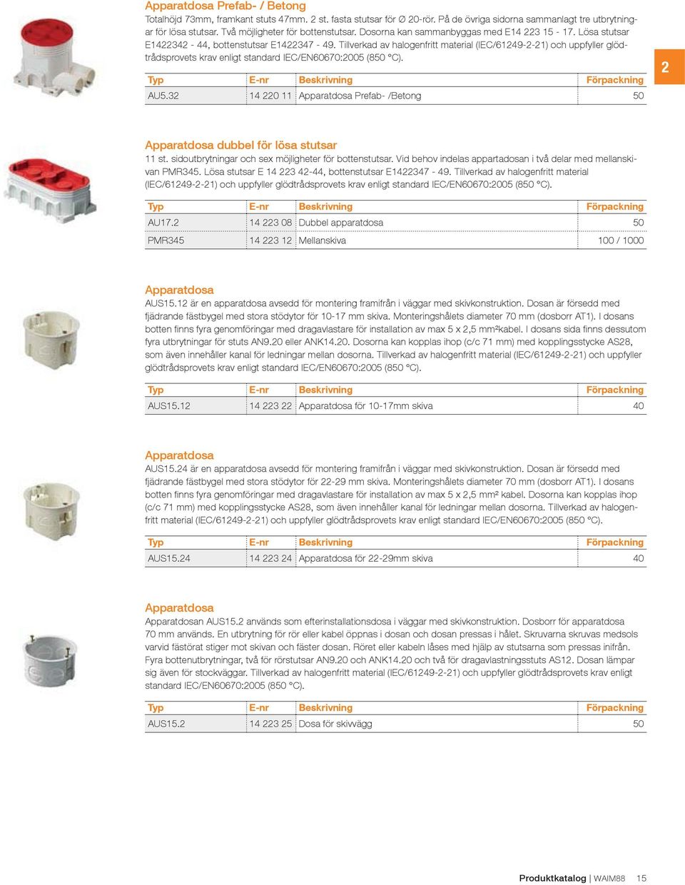 Tillverkad av halogenfritt material (IEC/61249-2-21) och uppfyller glödtrådsprovets krav enligt standard IEC/EN60670:2005 (850 C). AU5.