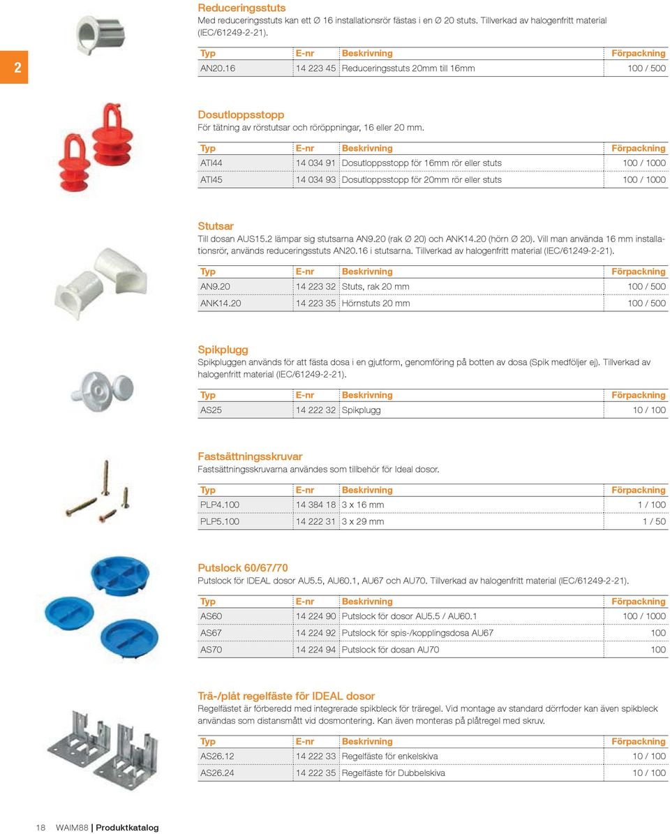 ATI44 14 034 91 Dosutloppsstopp för 16mm rör eller stuts 100 / 1000 ATI45 14 034 93 Dosutloppsstopp för 20mm rör eller stuts 100 / 1000 Stutsar Till dosan AUS15.2 lämpar sig stutsarna AN9.