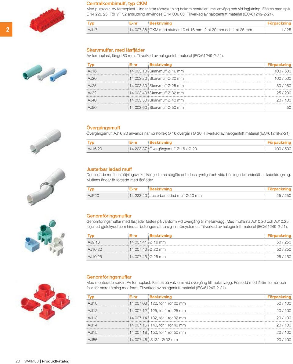 2 AJI17 14 007 38 CKM med stutsar 10 st 16 mm, 2 st 20 mm och 1 st 25 mm 1 / 25 Skarvmuffar, med låsfjäder Av termoplast, längd 80 mm. Tillverkad av halogenfritt material (IEC/61249-2-21).