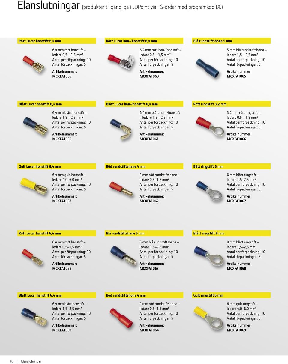 MCXFA1065 Blått Lucar honstift 6,4 mm 6,4 mm blått honstift ledare 1,5 2,5 mm² Antal per förpackning: 10 MCXFA1056 Blått Lucar han-/honstift 6,4 mm 6,4 mm blått han-/honstift ledare 1,5 2,5 mm² Antal