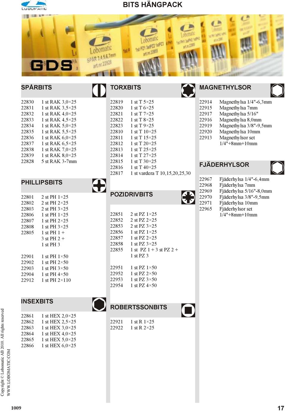 st PH 1 + 3 st PH 2 + 1 st PH 3 22901 1 st PH 1 50 22902 1 st PH 2 50 22903 1 st PH 3 50 22904 1 st PH 4 50 22912 1 st PH 2 110 TORXBITS 22819 1 st T 5 25 22820 1 st T 6 25 22821 1 st T 7 25 22822 1