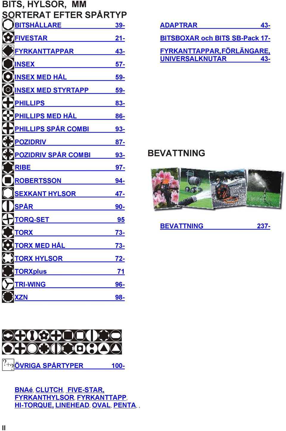 POZIDRIV 87- POZIDRIV SPÅR COMBI 93- RIBE 97- BEVATTNING ROBERTSSON 94- SEXKANT HYLSOR 47- SPÅR 90- TORQ-SET 95 TORX 73- BEVATTNING 237- TORX MED HÅL