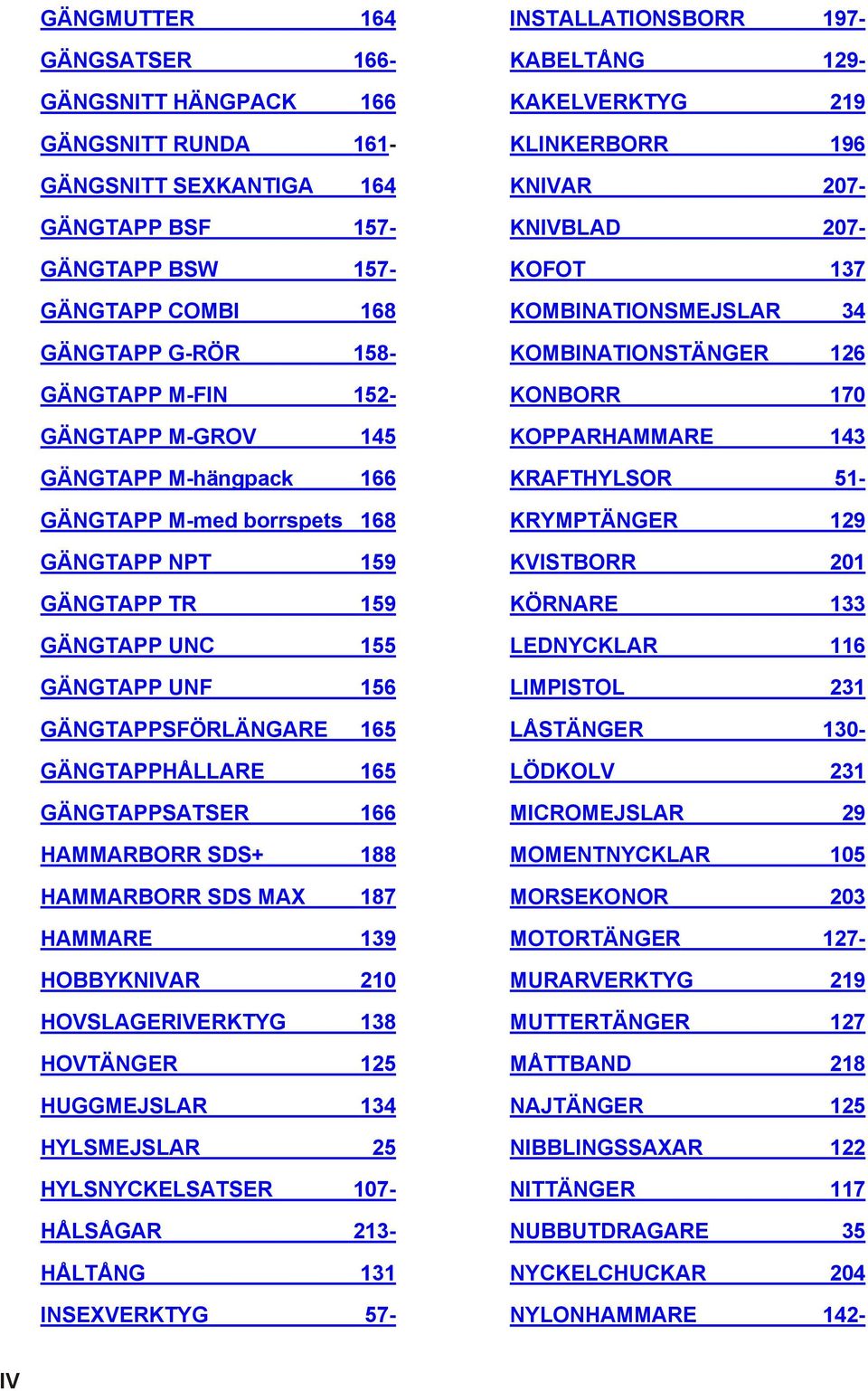 166 HAMMARBORR SDS+ 188 HAMMARBORR SDS MAX 187 HAMMARE 139 HOBBYKNIVAR 210 HOVSLAGERIVERKTYG 138 HOVTÄNGER 125 HUGGMEJSLAR 134 HYLSMEJSLAR 25 HYLSNYCKELSATSER 107- HÅLSÅGAR 213- HÅLTÅNG 131