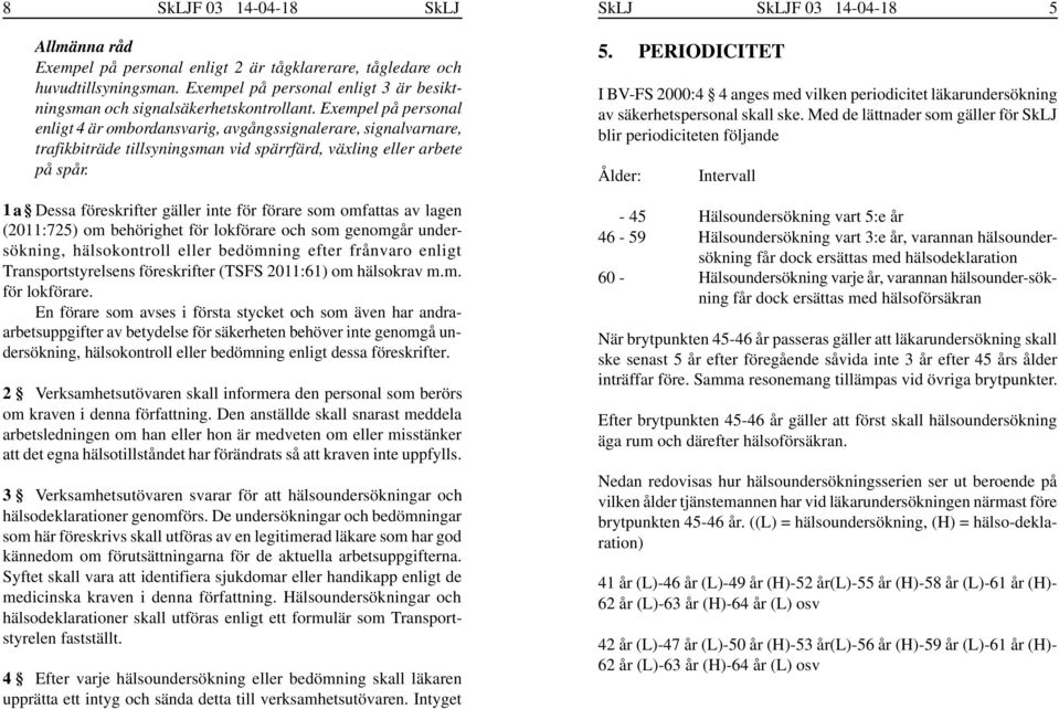 Exempel på personal enligt 4 är ombordansvarig, avgångssignalerare, signalvarnare, trafikbiträde tillsyningsman vid spärrfärd, växling eller arbete på spår.