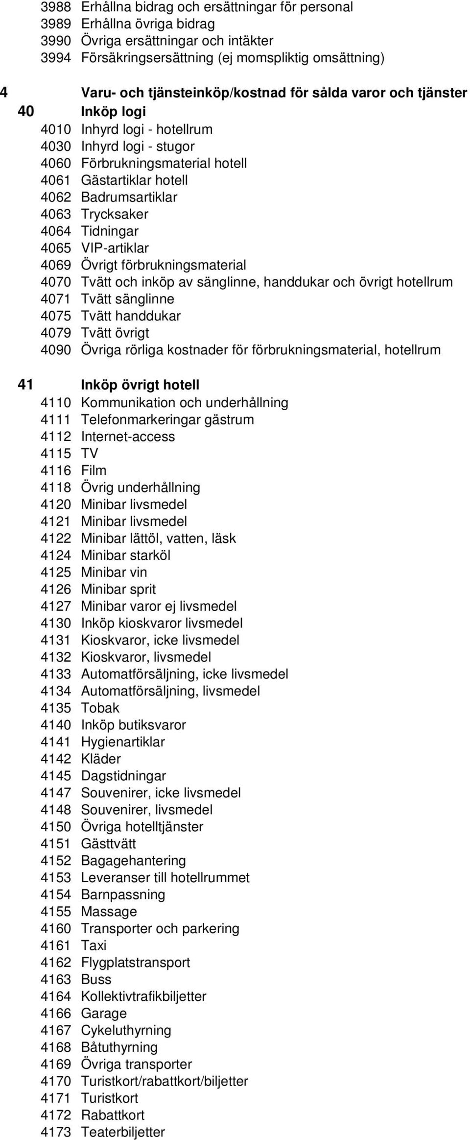 4063 Trycksaker 4064 Tidningar 4065 VIP-artiklar 4069 Övrigt förbrukningsmaterial 4070 Tvätt och inköp av sänglinne, handdukar och övrigt hotellrum 4071 Tvätt sänglinne 4075 Tvätt handdukar 4079