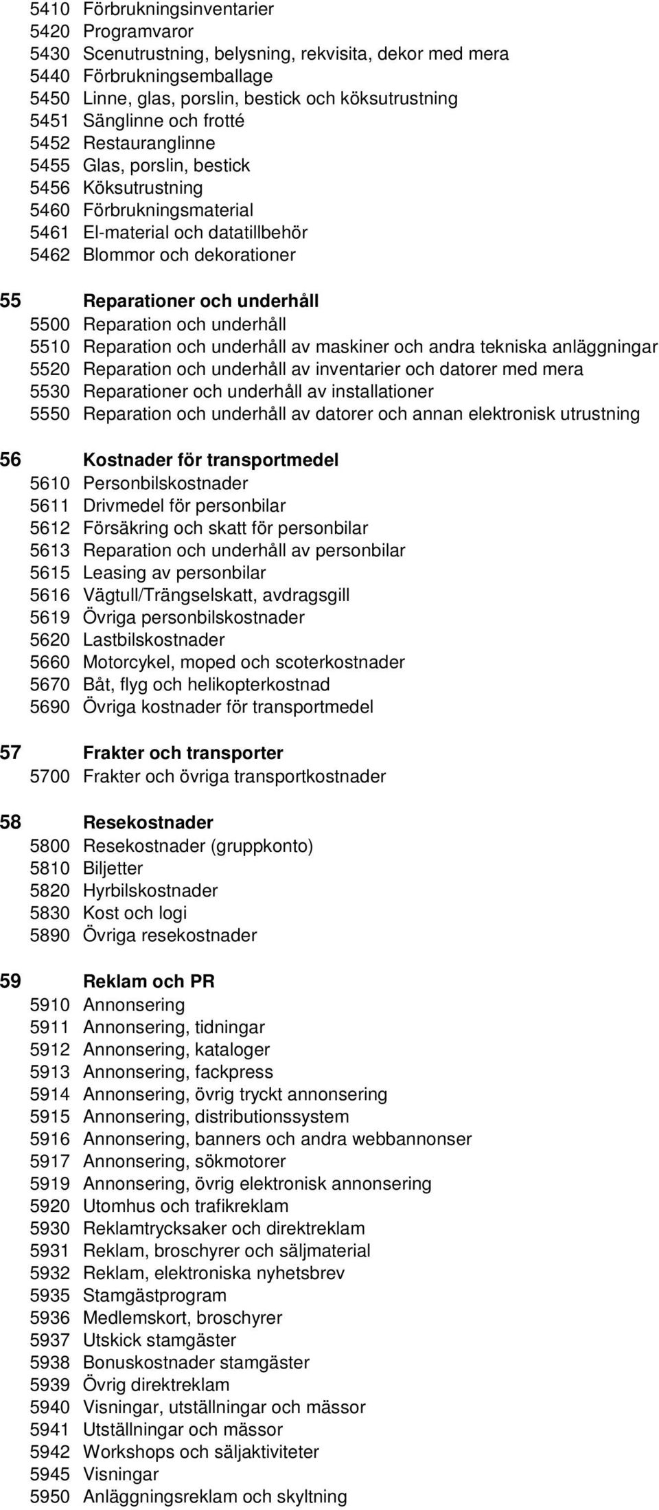 och underhåll 5500 Reparation och underhåll 5510 Reparation och underhåll av maskiner och andra tekniska anläggningar 5520 Reparation och underhåll av inventarier och datorer med mera 5530