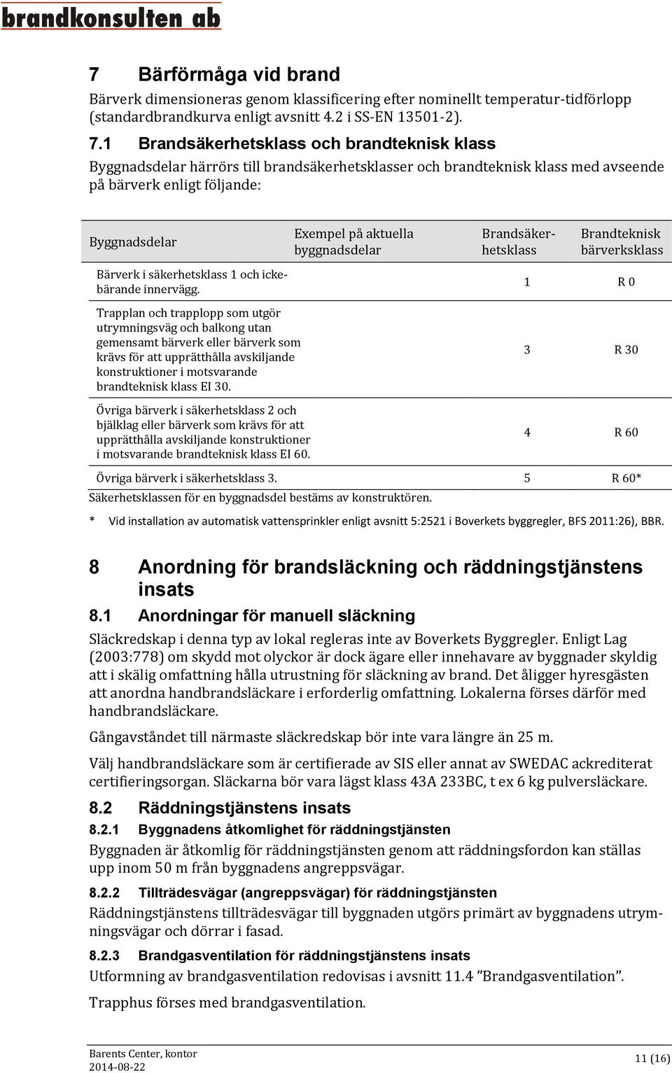 byggnadsdelar Brandsäkerhetsklass Brandteknisk bärverksklass Bärverk i säkerhetsklass 1 och ickebärande innervägg.