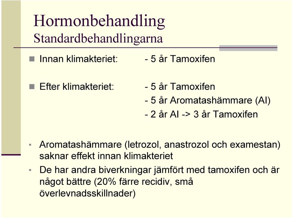 Aromatashämmare (letrozol, anastrozol och examestan) saknar effekt innan klimakteriet De har