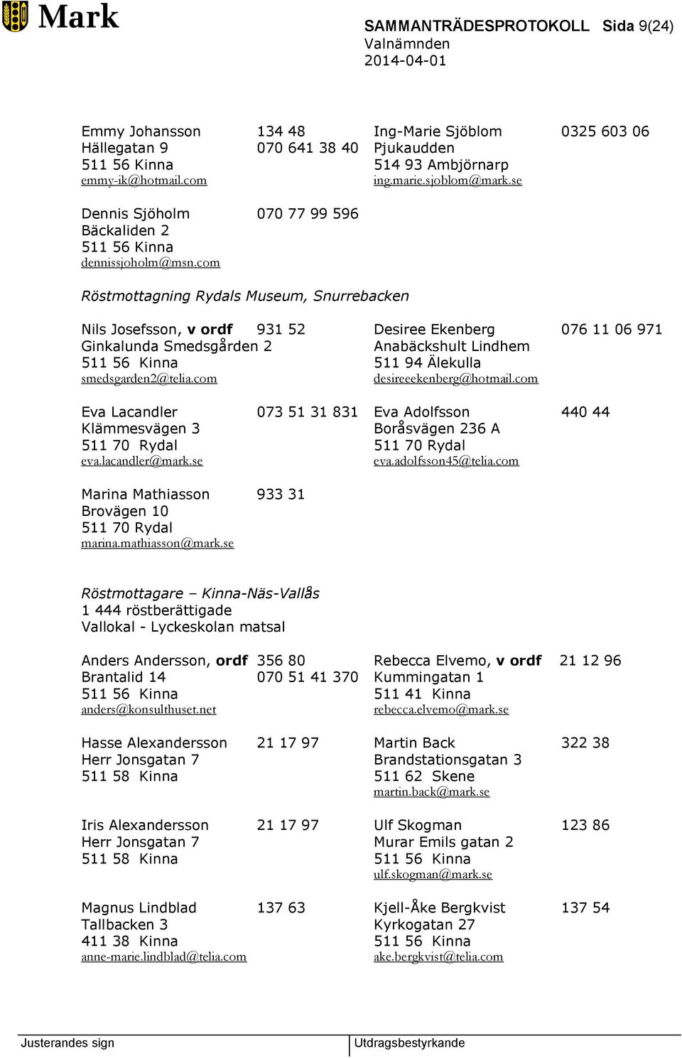 com Röstmottagning Rydals Museum, Snurrebacken Nils Josefsson, v ordf 931 52 Desiree Ekenberg 076 11 06 971 Ginkalunda Smedsgården 2 Anabäckshult Lindhem 511 56 Kinna 511 94 Älekulla