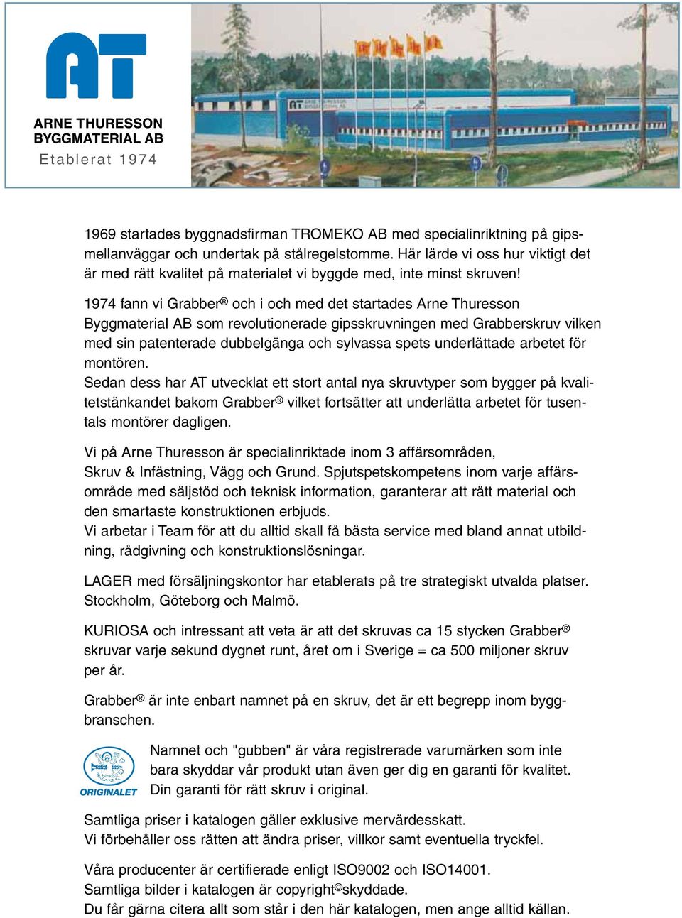 1974 fann vi Grabber och i och med det startades Arne Thuresson Byggmaterial AB som revolutionerade gipsskruvningen med Grabberskruv vilken med sin patenterade dubbelgänga och sylvassa spets