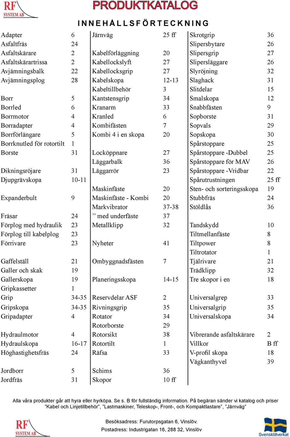 Borrled 6 Kranarm 33 Snabbfästen 9 Borrmotor 4 Kranled 6 Sopborste 31 Borradapter 4 Kombifästen 7 Sopvals 29 Borrförlängare 5 Kombi 4 i en skopa 20 Sopskopa 30 Borrknutled för rotortilt 1