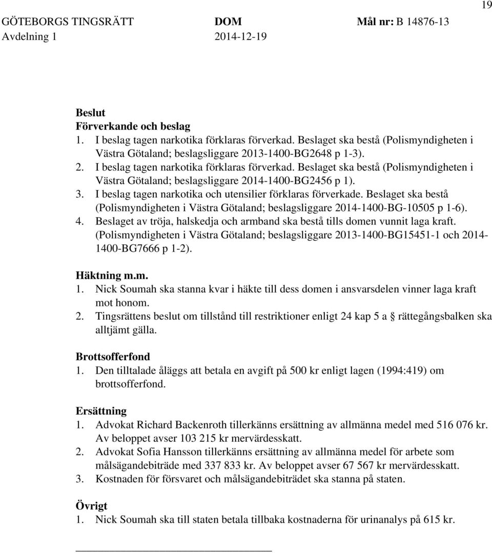 I beslag tagen narkotika och utensilier förklaras förverkade. Beslaget ska bestå (Polismyndigheten i Västra Götaland; beslagsliggare 2014-1400-BG-10505 p 1-6). 4.