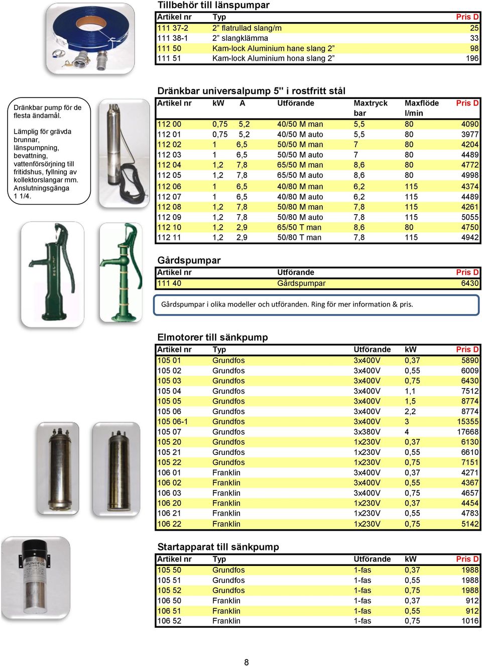 Dränkbar universalpump 5" i rostfritt stål Artikel nr kw A Utförande Maxtryck Maxflöde Pris D bar l/min 112 00 0,75 5,2 40/50 M man 5,5 80 4090 112 01 0,75 5,2 40/50 M auto 5,5 80 3977 112 02 1 6,5