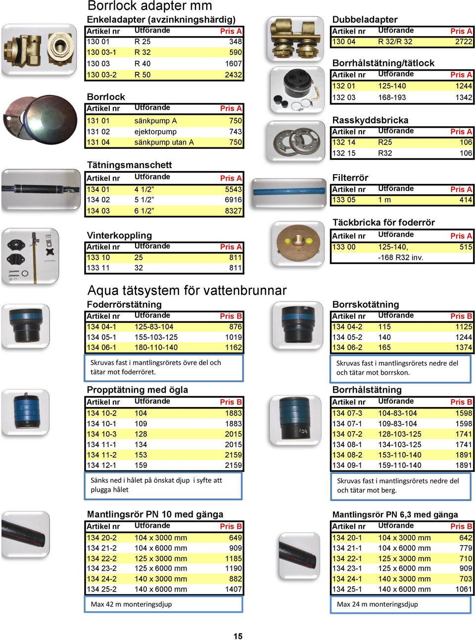 ejektorpump 743 Artikel nr Utförande Pris A 131 04 sänkpump utan A 750 132 14 R25 106 132 15 R32 106 Tätningsmanschett Artikel nr Utförande Pris A Filterrör 134 01 4 1/2 5543 Artikel nr Utförande
