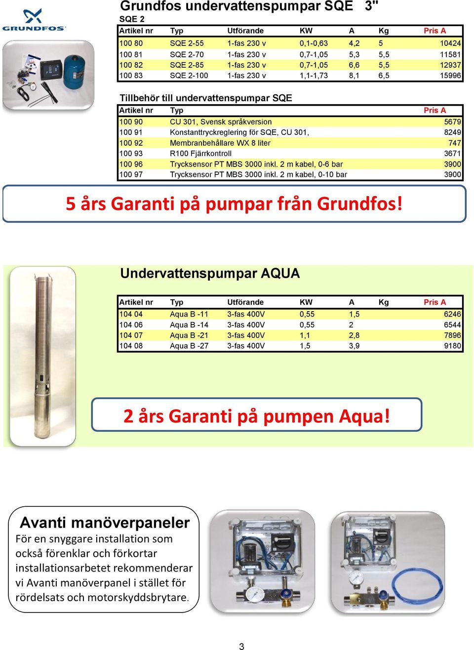 Konstanttryckreglering för SQE, CU 301, 8249 100 92 Membranbehållare WX 8 liter 747 100 93 R100 Fjärrkontroll 3671 100 96 Trycksensor PT MBS 3000 inkl.