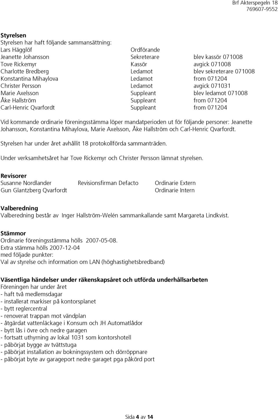 Qvarfordt Suppleant from 071204 Vid kommande ordinarie föreningsstämma löper mandatperioden ut för följande personer: Jeanette Johansson, Konstantina Mihaylova, Marie Axelsson, Åke Hallström och