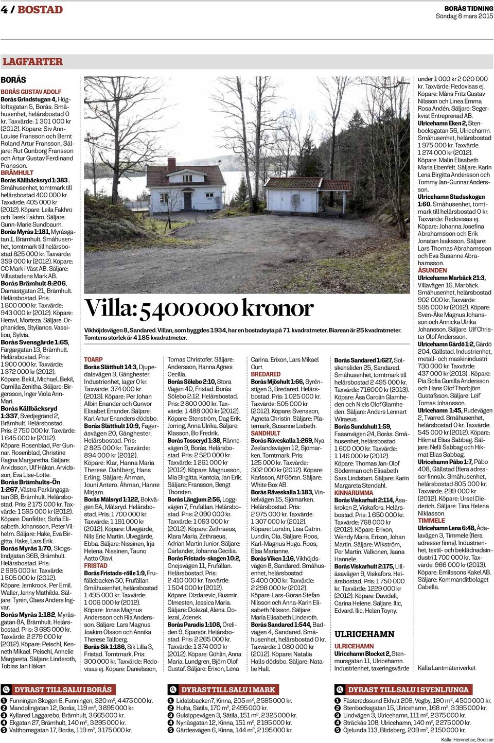 Småhusenhet, tomtmark till helårsbostad 400 000 kr. Taxvärde: 405 000 kr (2012). Köpare: Leila Fakhro och Tarek Fakhro. Säljare: Gunn-Marie Sundbaum. Borås Myrås 1:181, Myråsgatan 1, Brämhult.