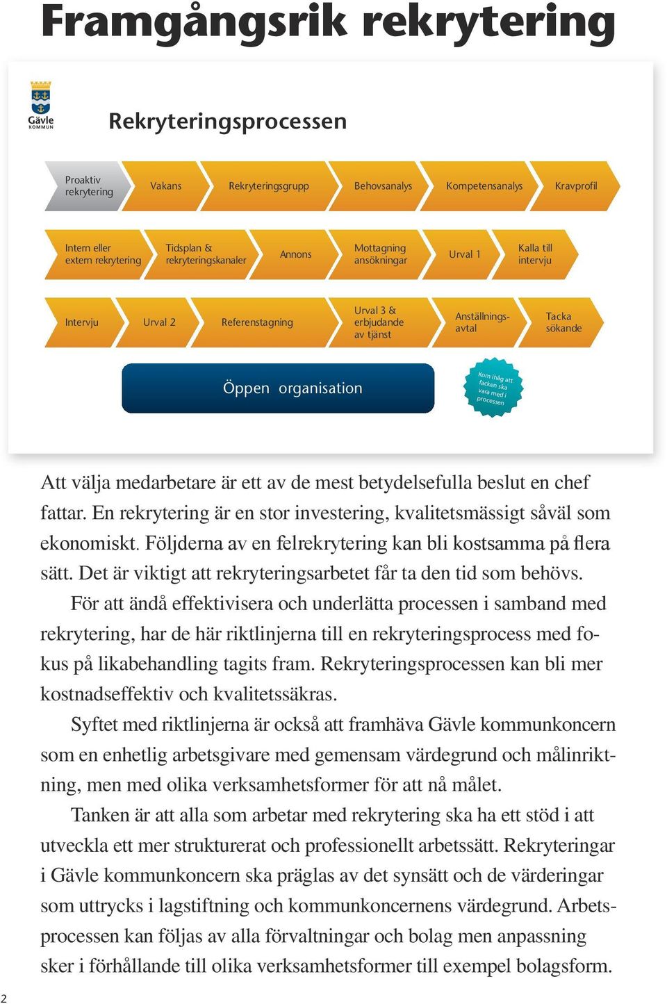 vara med i processen Att välja medarbetare är ett av de mest betydelsefulla beslut en chef fattar. En rekrytering är en stor investering, kvalitetsmässigt såväl som ekonomiskt.